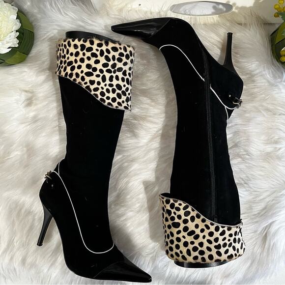 NEW NYLA Suede Leather Leopard Hair Calf High Heel Two Tone Knee Boots Black 6 - Picture 4 of 14